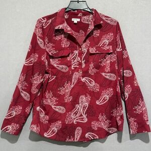 Croft & Barrow Womens XL Red Paisley Roll Tab Sleeve Button Down Blouse Top